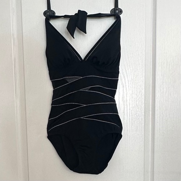 VENUS Criss Cross Black Mesh One Piece Black Halter Swimsuit - Picture 2 of 4